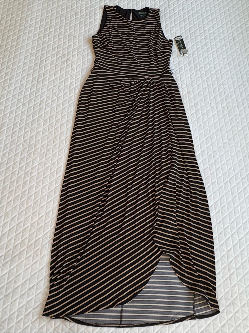 NWT Lauren Ralph Lauren Maxi Dress Sz 12 Black & Tan Stripes Leg Slit Old Money